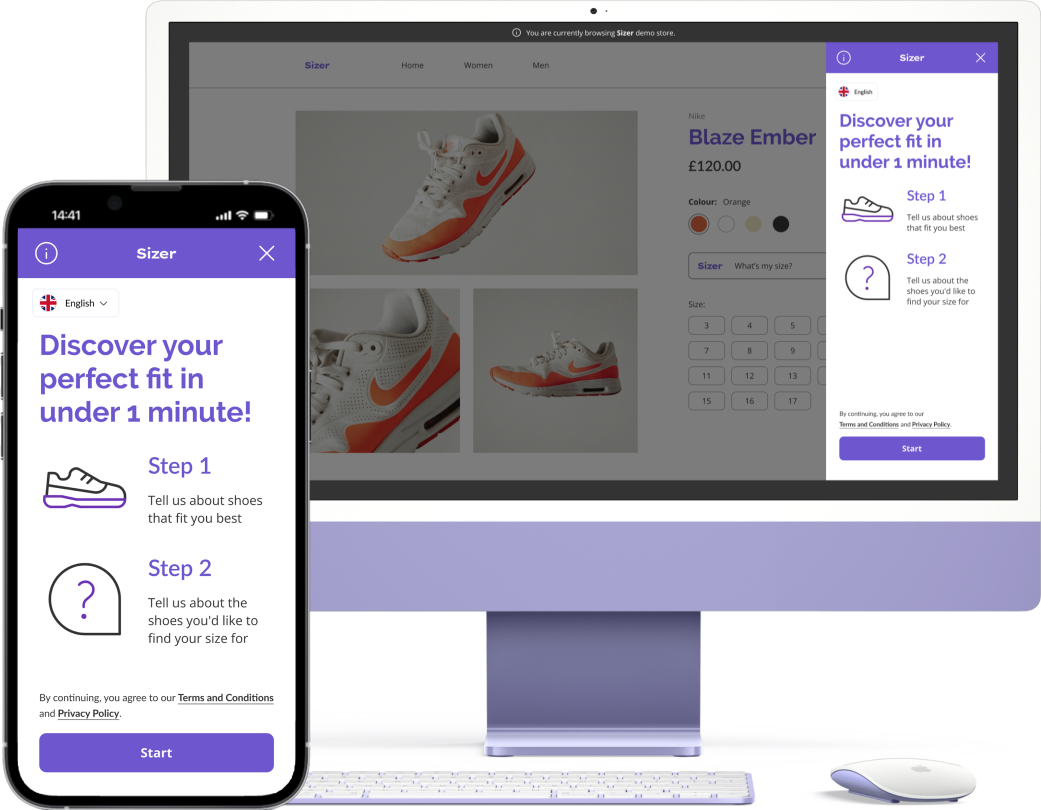 Sizer size advisor on a phone and in a desktop store